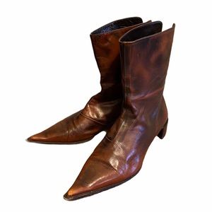 icone Italian Boots Soft Leather & Wood Pointy Brown Sz 38 US 8 Ankle Back Zip